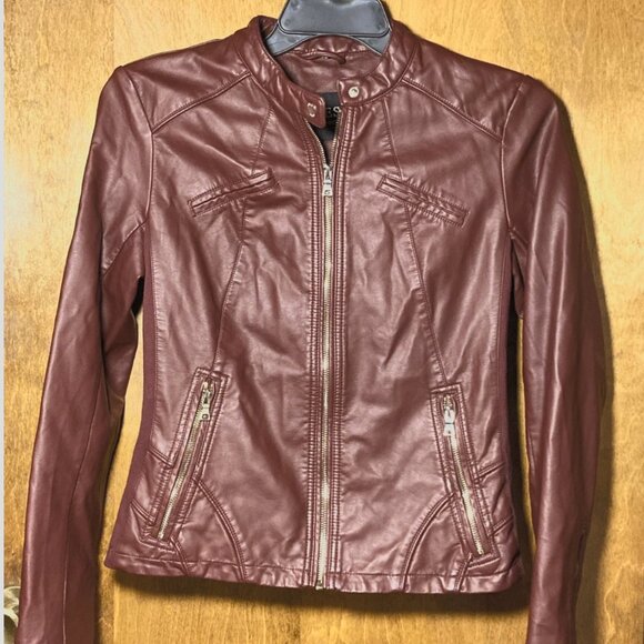 GUESS Women's Medium Burgundy Faux Leather Biker Style Jacket Pockets Lined - Picture 1 of 7